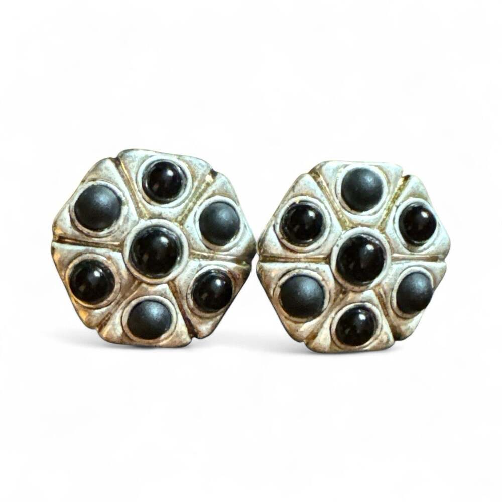 Black Onyx Gold Tone Clip On Earrings 1"